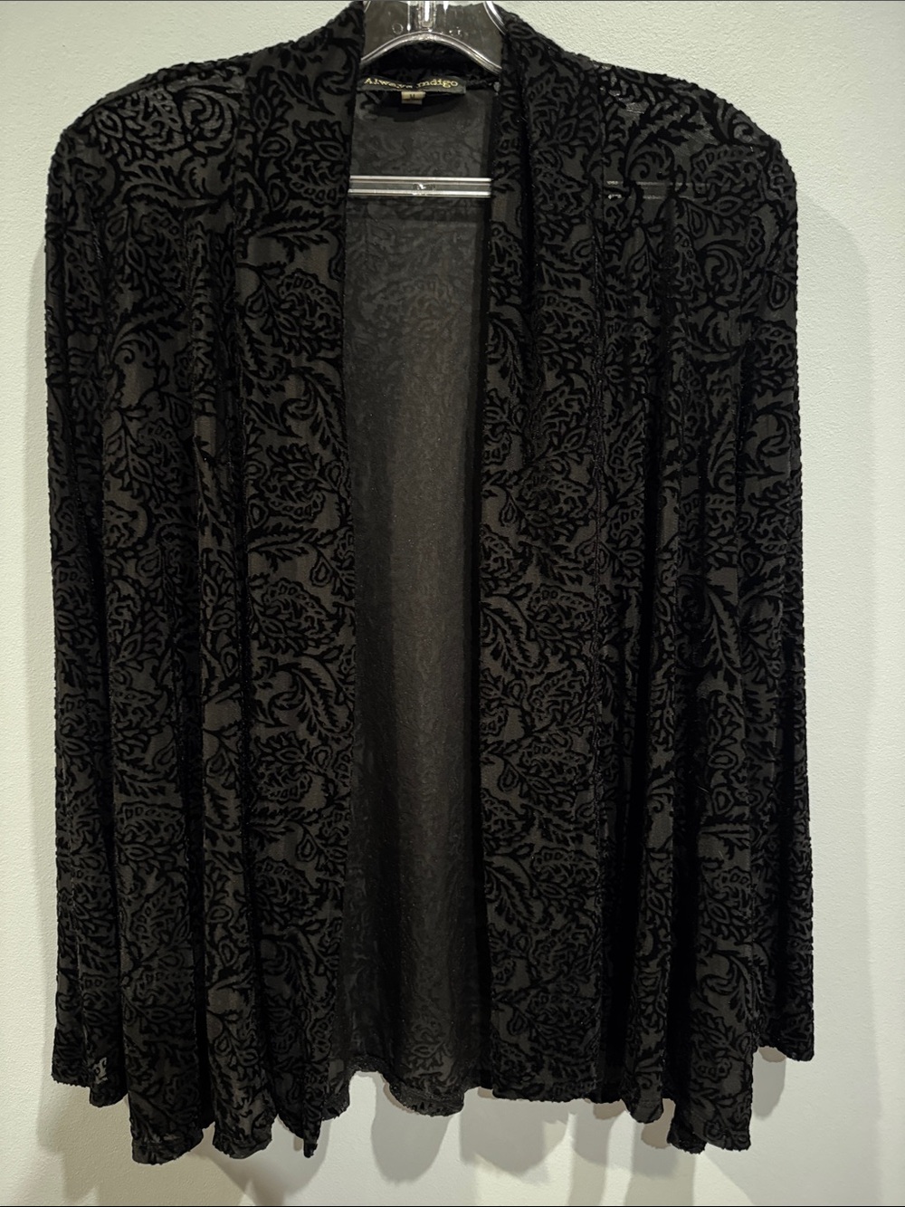 Always Indigo Floral Burnout Velvet Open Front Cardigan.
